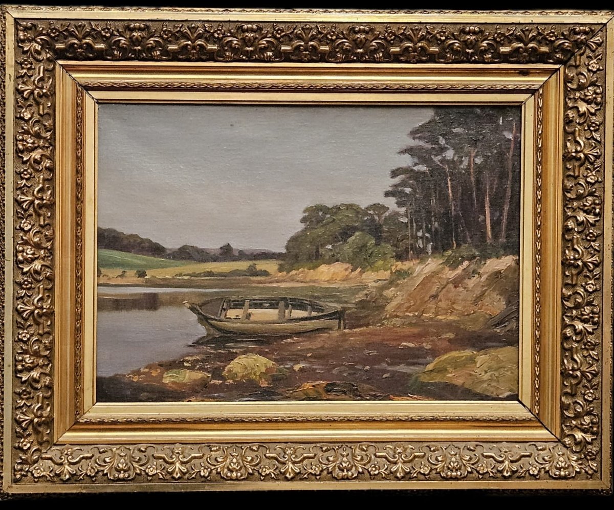 Barque échouée: "Concarneau baie derrière la ville close", 1908, huile sur toile, Arthur Gué