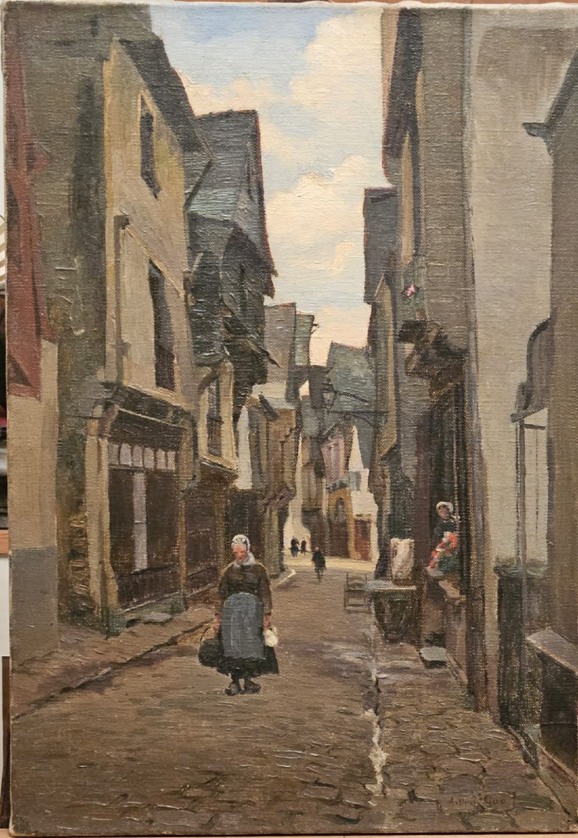 Rue Baudrairie à Vitré, août 1909, huile sur toile d'Arthur Gué.