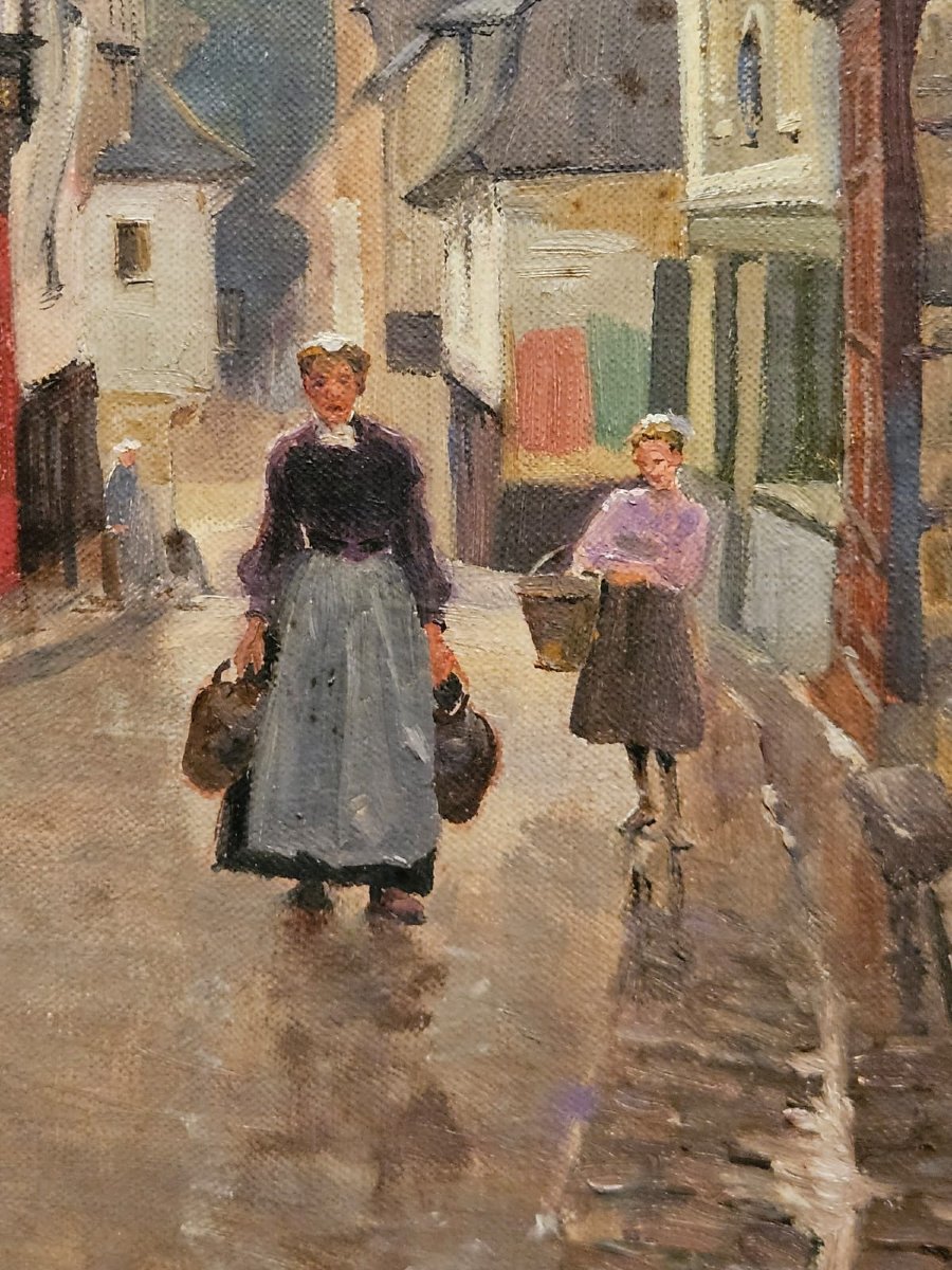 "rue D'en Bas" In Vitré, Oil On Panel By Arthur Gué.-photo-4