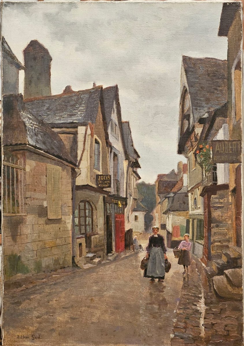 "rue D'en Bas" In Vitré, Oil On Panel By Arthur Gué.