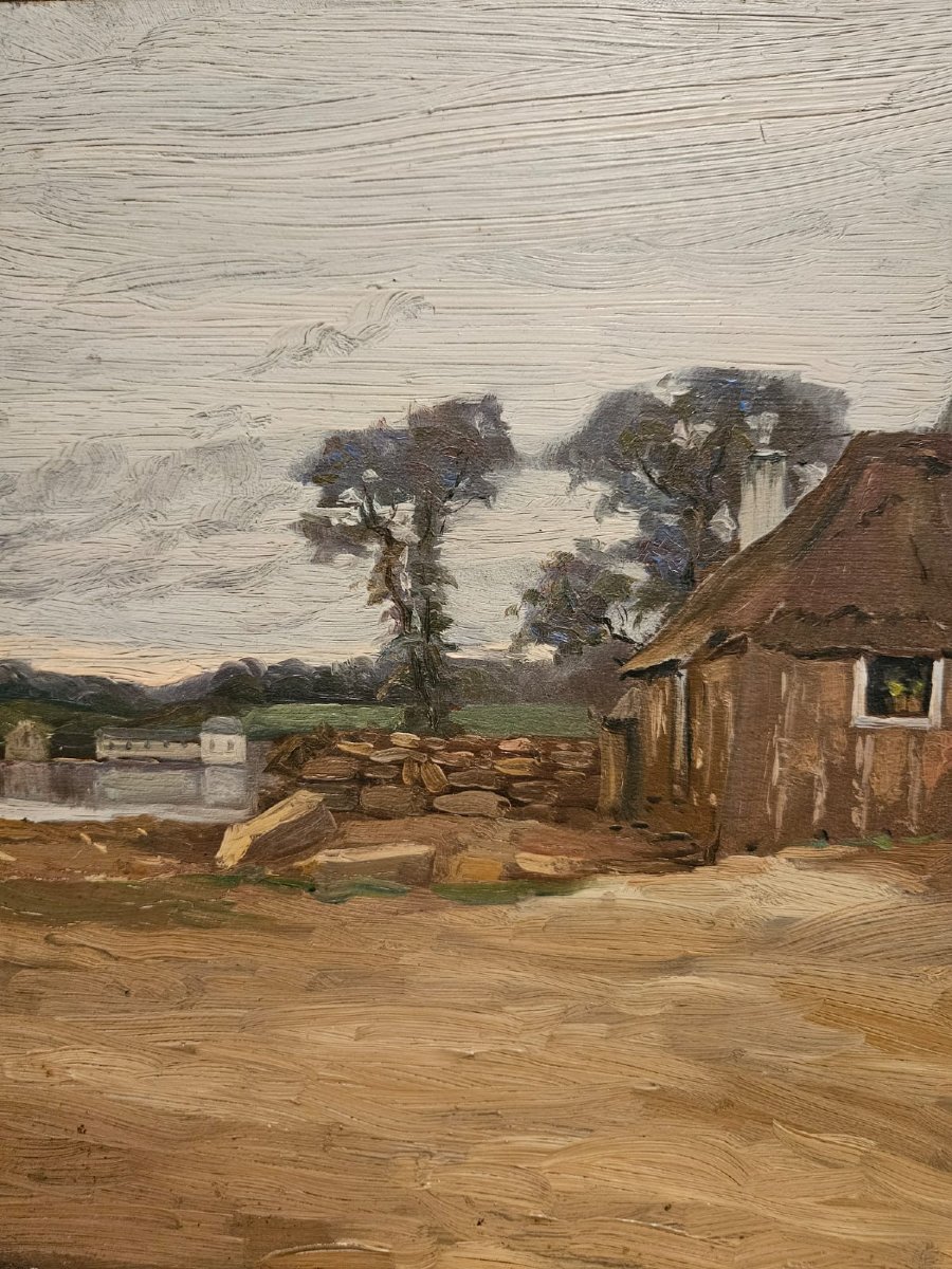 Ferme en Bretagne, huile sur panneau d'Arthur Gué-photo-2