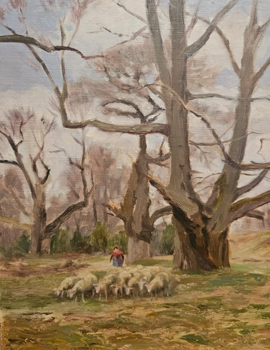 "shepherdess And Her Flock" In The Couhé-vérac Region (vienne), Oil On Panel By Arthur Gué.-photo-2