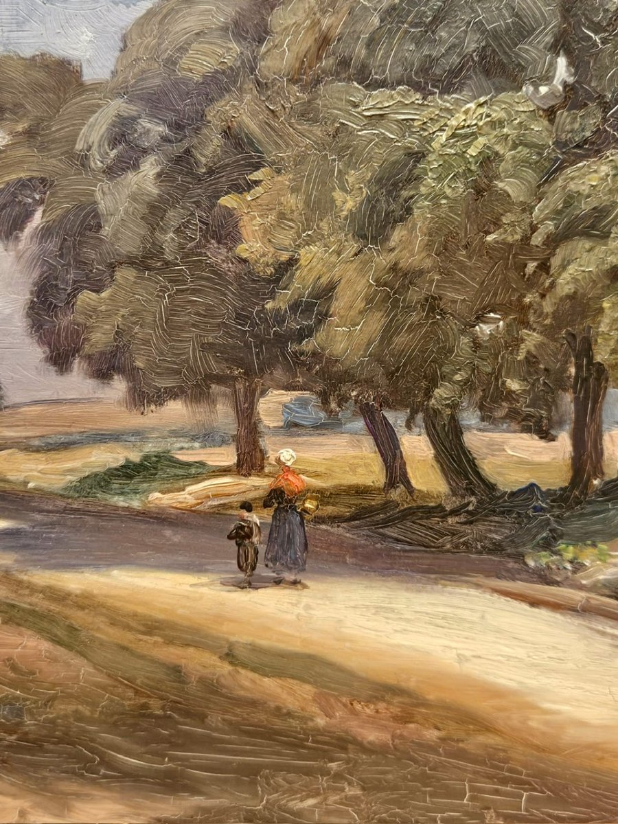 Femme et enfant sur un chemin, huile sur panneau d'Arthur Gué-photo-2