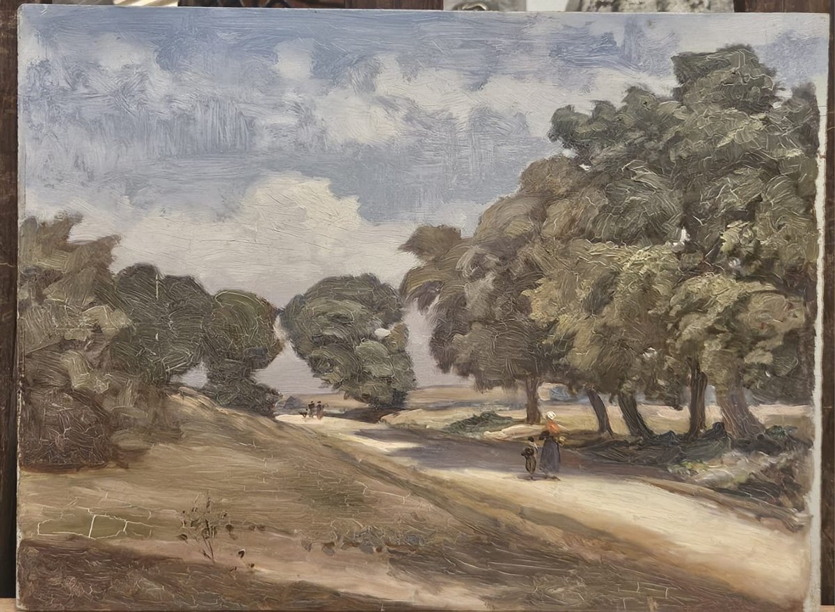 Femme et enfant sur un chemin, huile sur panneau d'Arthur Gué