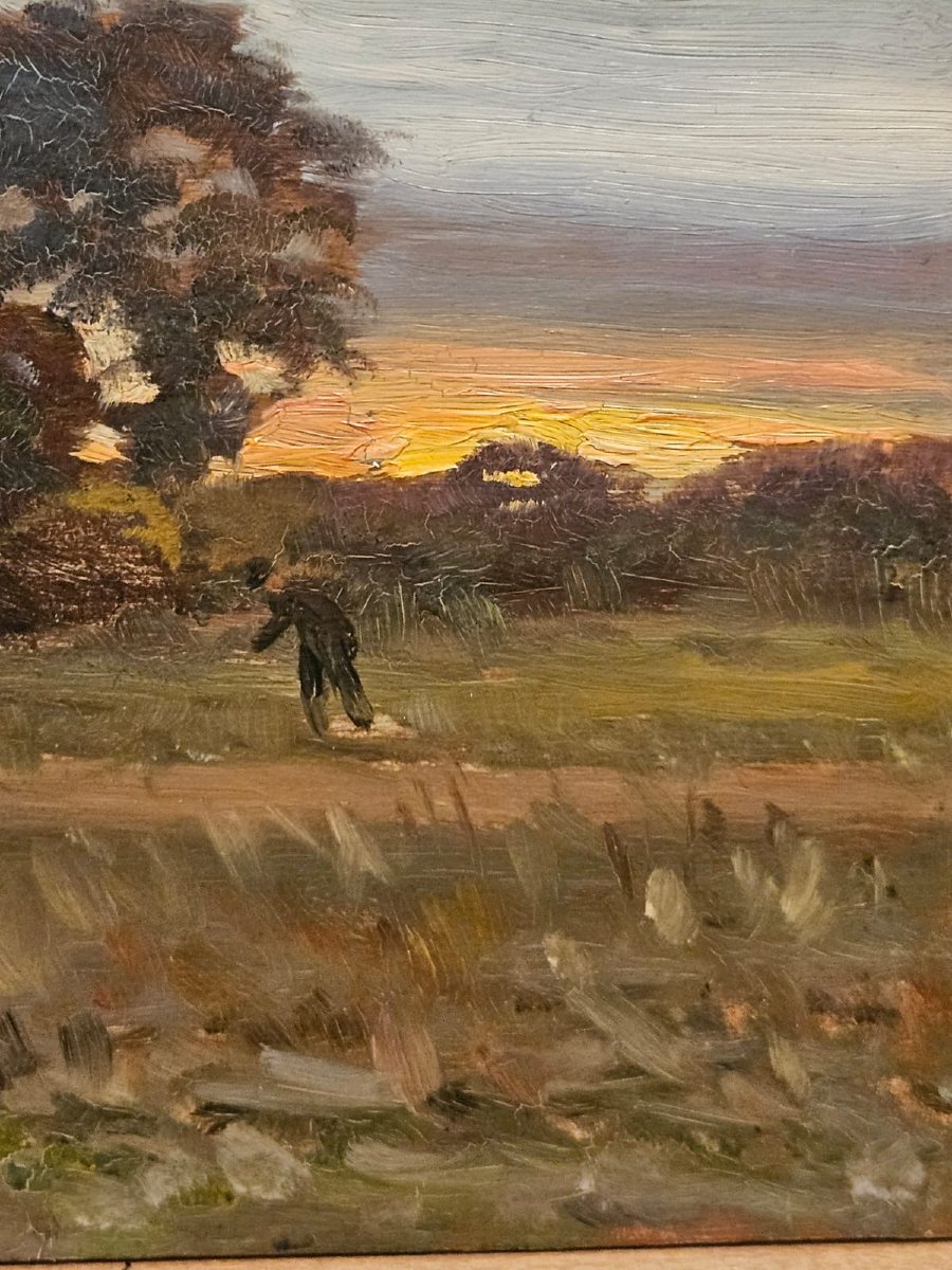 "farmer In His Field At Dusk," Oil On Panel By Arthur Gué-photo-3