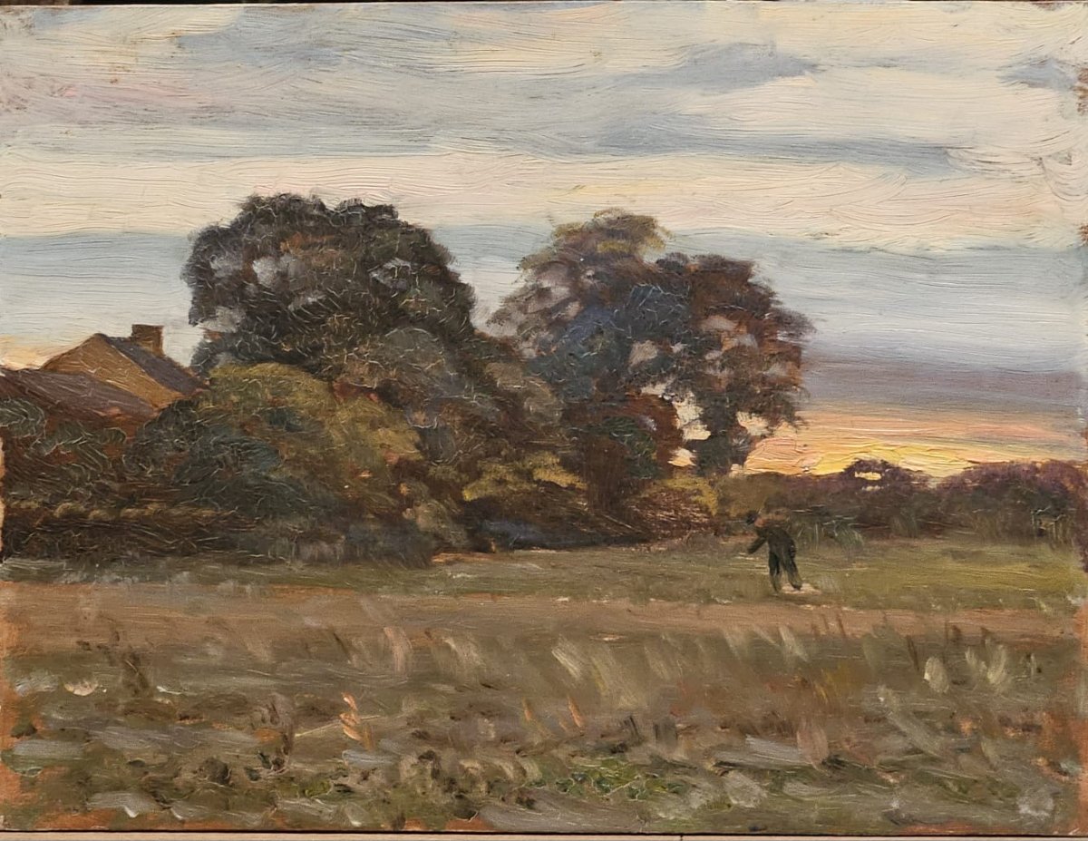 "farmer In His Field At Dusk," Oil On Panel By Arthur Gué