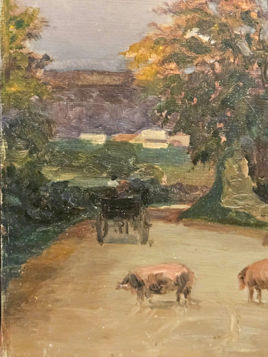 Femme et ses cochons près de la ferme, huile sur panneau d'Arthur Gué.-photo-2