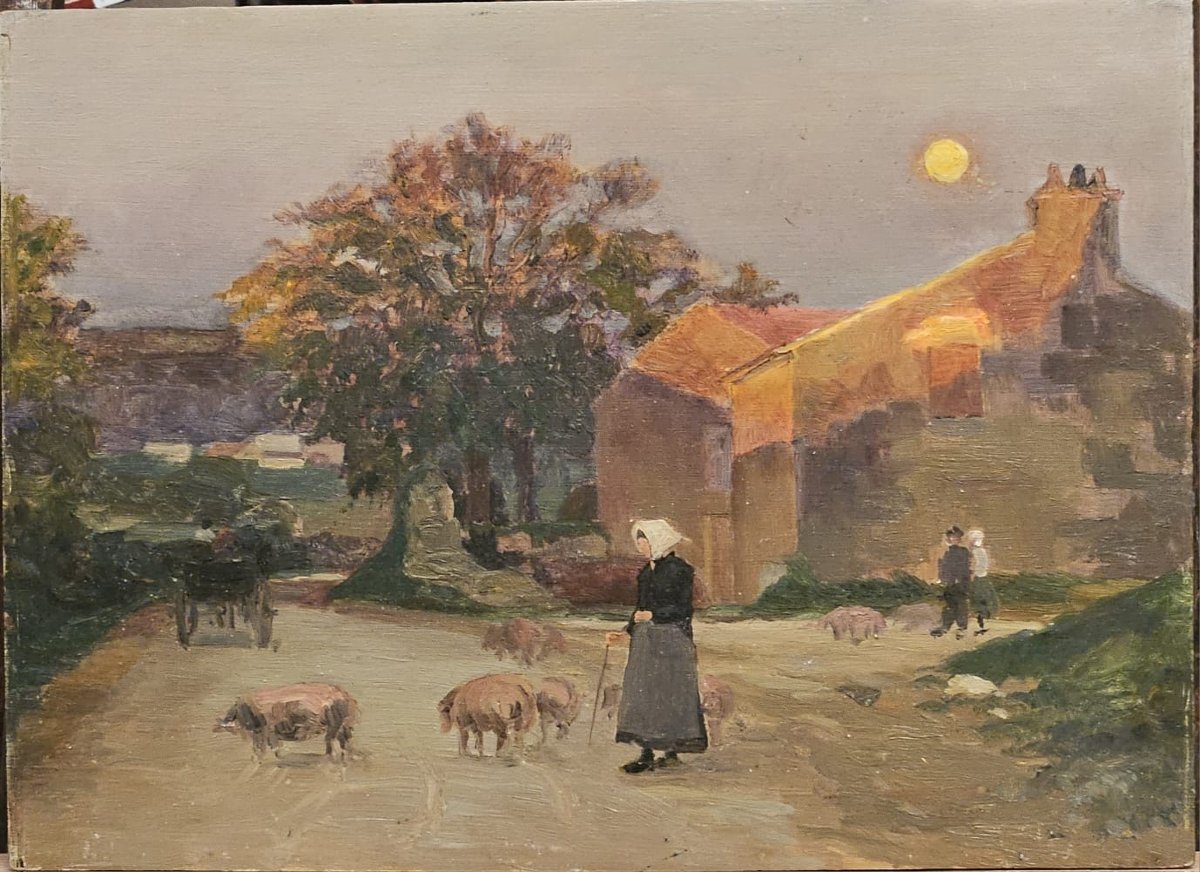 Femme et ses cochons près de la ferme, huile sur panneau d'Arthur Gué.