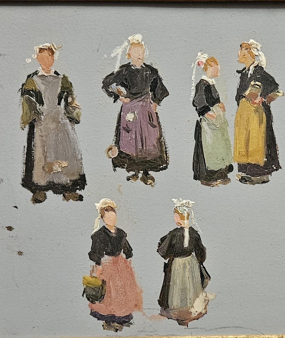 "study Of Breton Women In Aprons," Oil On Panel By Arthur Gué-photo-2