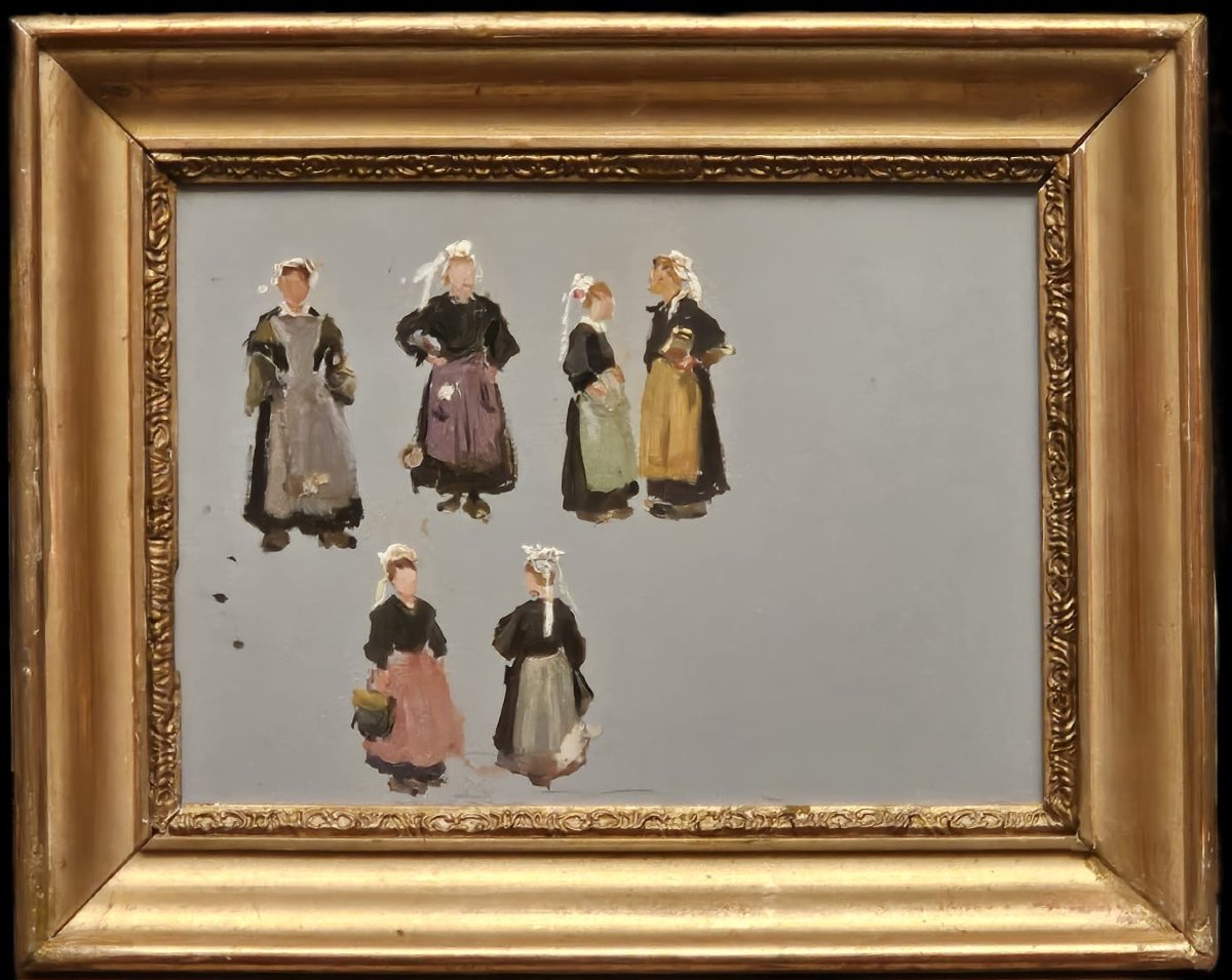 "study Of Breton Women In Aprons," Oil On Panel By Arthur Gué