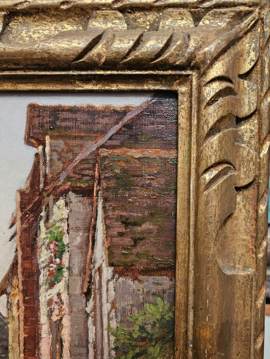 Rue à La Roche Posay, huile sur toile d'Henry Laurent Mouren, vers1900-photo-1