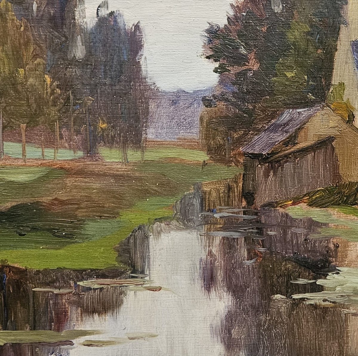 La ferme près de la mare, huile sur panneau d'Arthur Gué, 1911-photo-3