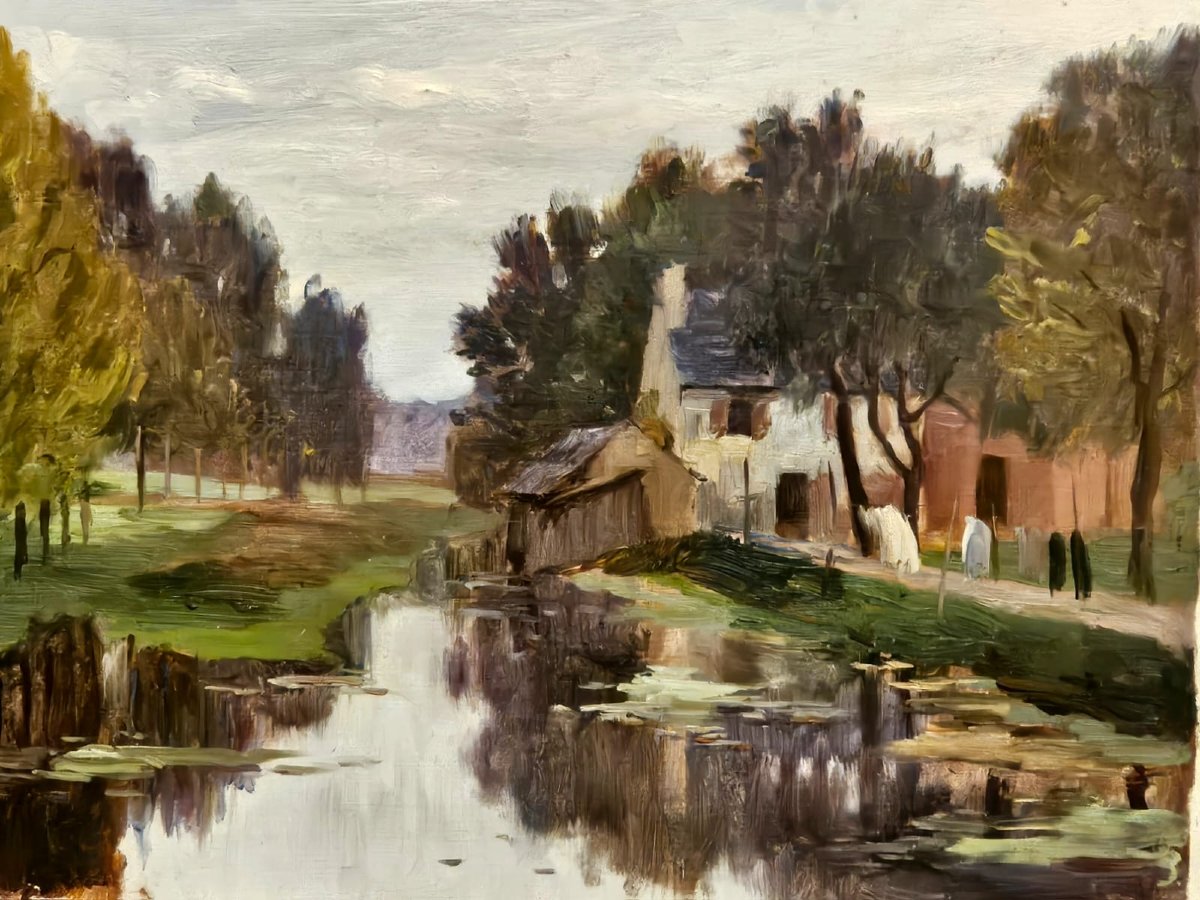 La ferme près de la mare, huile sur panneau d'Arthur Gué, 1911