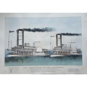 Course de bateaux sur le Mississipi, "The great race on the Mississipi", lithographie published  by Currier§ Ives