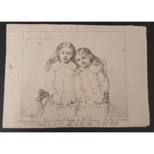 Georges Hervy: Portrait Of 2 Sisters, Drawing