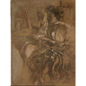 Jeune femme assise dans un intérieur, fusain et pastel, par Charles Haslewood Shannon