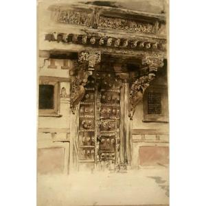 Porte de maison du Rajasthan par Marcel Jambon, aquarelle