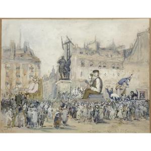 Mi-carême Boulevard St Germain 1922 par Gustave Madelain, aquarelle et gouache