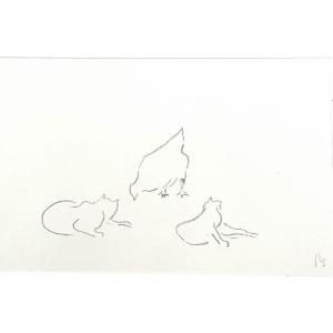 2 dessins de René Paul Schutzenberger, chats et poules....