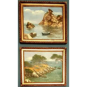 Pair Of Mediterranean Landscapes By René Dulieu, Oil On Canvas