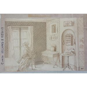 Interior Scene, Brown Ink By Camille Bellanger 1866