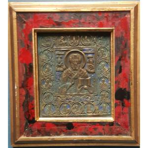 Icone russe en bronze émaillé de St Nicolas, XXème