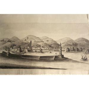 Le phare de Santa Lucia du port de Naples, lavis d'encre de 1805