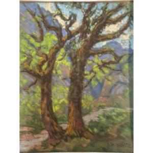 Pastel de Gaston Cantin: La route de Duranus dans les Alpes maritimes