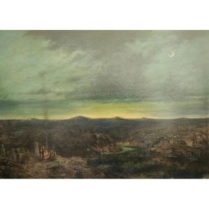 Night Landscape In European Türkiye, Oil On Wood Attributed To Jean Baptiste Durand Brager