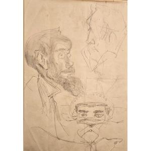 Portrait charge de Jean Paul Laurens par François Flameng, dessin au crayon
