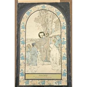 Dessin aquarellé: Saint Denis catéchisant les parisiens, circa 1900, monogramme non déchiffré.