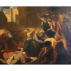 Partie centrale du tableau de Nicolas Poussin: La peste d'Asdod, huile sur papier, XIXème