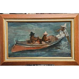 Three Men In A Dugout Canoe, Oil On Cardboard By Léopold Reigner, 1935.