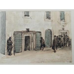 Aquarelle sur traits de plume d'Auguste Raffet, au verso: Cantonnement d'une armée devant Pise