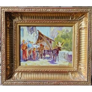 Le marchand de tissus, huile sur carton par Alfred Plauzeau
