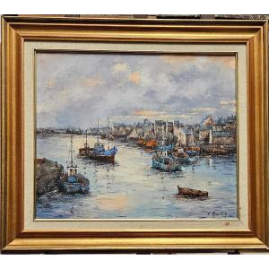 Port breton (Honfleur?),  huile sur toile par C Mourier