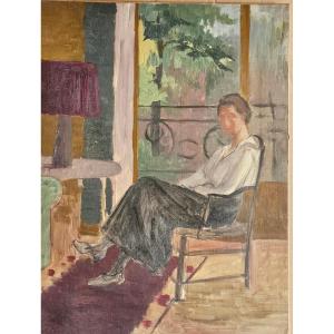 Femme assise dans un intérieur, huile sur toile, Ecole Française du XXème.