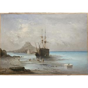 Fishing Boat At Low Tide In The Bay Of Mont St Michel, Oil On Canvas By Inoël.