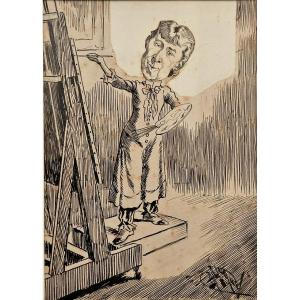 Portrait charge de Louise Abbema par Manuel Luque, plume sur bristol