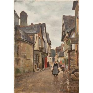 Rue d'en bas à Vitré, huile sur toile d'Arthur Gué.