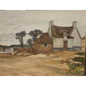 Ferme en Bretagne, huile sur panneau d'Arthur Gué