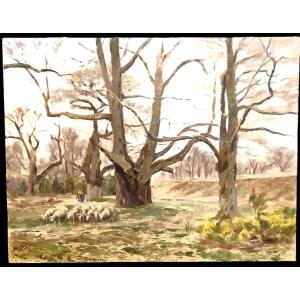 Bergère et son troupeau dans la région de Couhé-Vérac (Vienne), huile sur panneau d'Arthur Gué.
