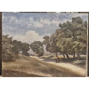Femme et enfant sur un chemin, huile sur panneau d'Arthur Gué