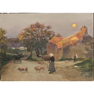 Femme et ses cochons près de la ferme, huile sur panneau d'Arthur Gué.