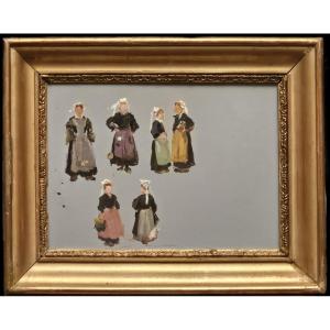 "study Of Breton Women In Aprons," Oil On Panel By Arthur Gué