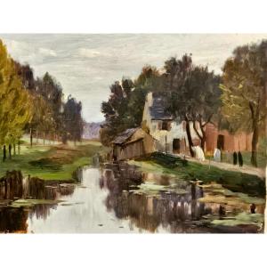 La ferme près de la mare, huile sur panneau d'Arthur Gué, 1911