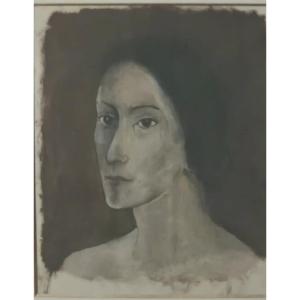 Portrait double face sur papier, gouache et fusain de Léon Zack