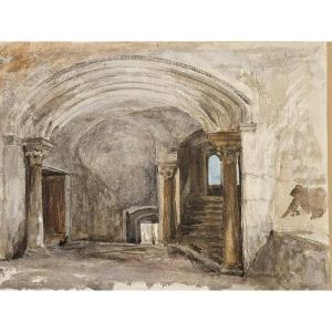 Vue d'un intérieur de palais italien, aquarelle de Benjamin Ulmann. Entre 1860 et 1864.