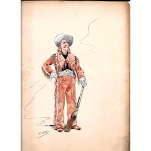 Portrait Of Buffalo Bill, Gouache By Henri Gray, 1905