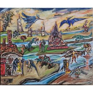 Oil On Canvas By Lilian Coket, Titled *city-pyrvams*, Salon Des Indépendants 1969